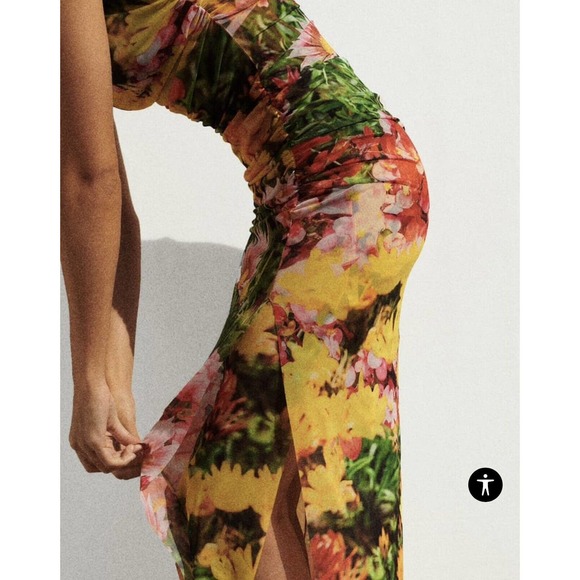 ZARA WOMENS LONG DRAPED FLORAL PRINTED TULLE DRESS SLIT sz M (B26) - Picture 5 of 16